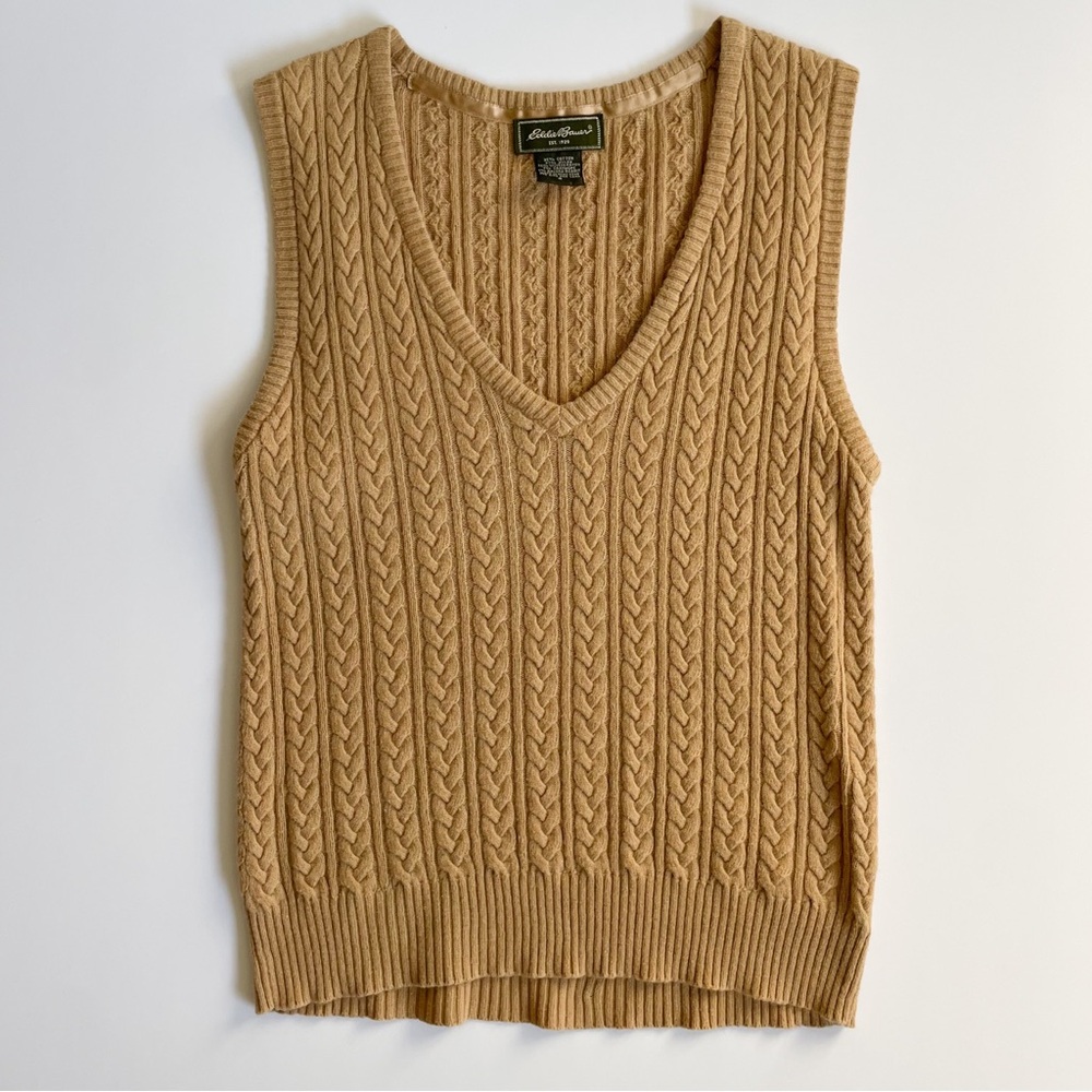 Vintage Eddie Bauer Cashmere Angora Blend Camel Cable Knit V-Neck Sweater Vest